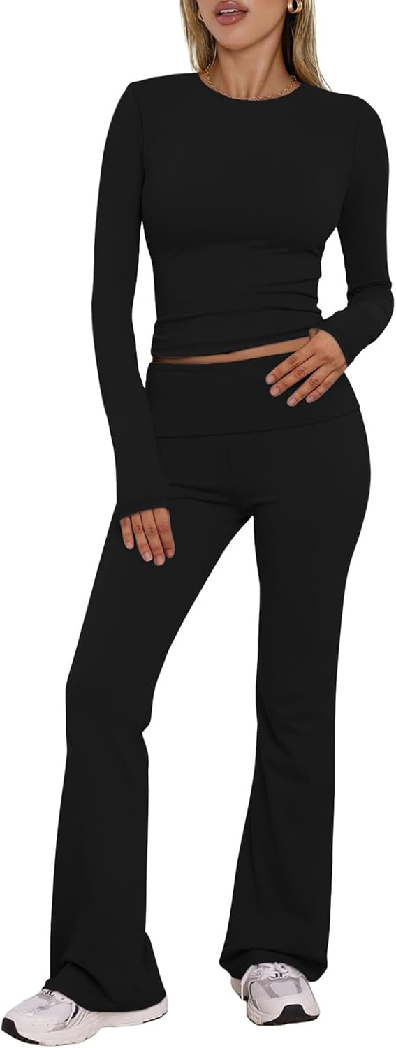 Women's Workout 2 Piece Lounge Sets Long Sleeve Tops Foldover Flare Pants Casual Outfits Tracksuit