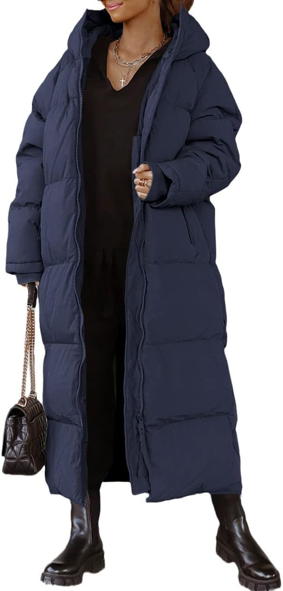 Womens Hooded Long Quilted Coat Maxi Length Long Sleeve Puffer Jacket Warm Padded Coat Thick Winter Outerwear