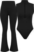 Women's Casual 2 Piece Outfits, Track Suits for Women Set Zip Up Sleeveless Bodysuit High Waisted Wide Leg Pant Sets