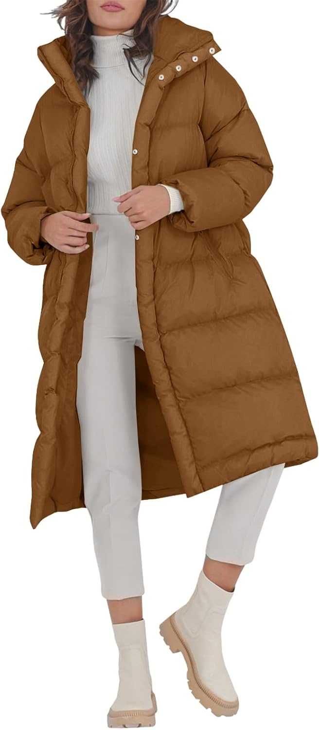 Women's Long Puffer Jacket Stand Collar Zip Baggy Down Coats with Side Pockets Outwear