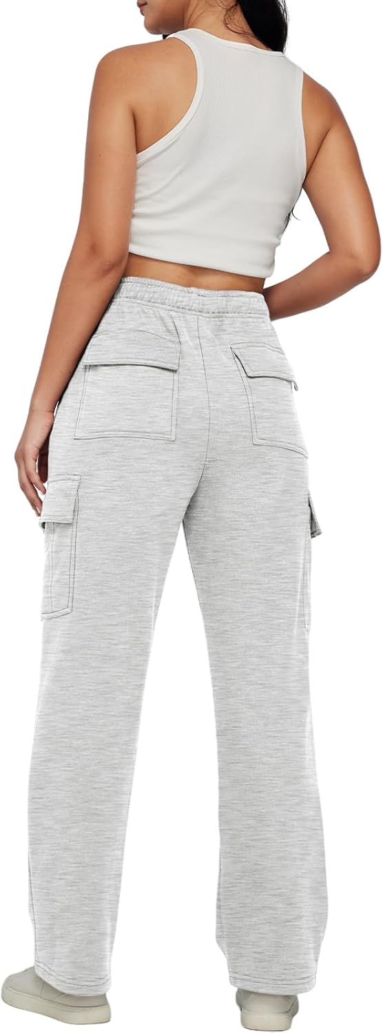 Womens Cargo Sweatpants Wide Leg Baggy Fleece High Waisted Sweats Pants Winter Clothes with Pockets