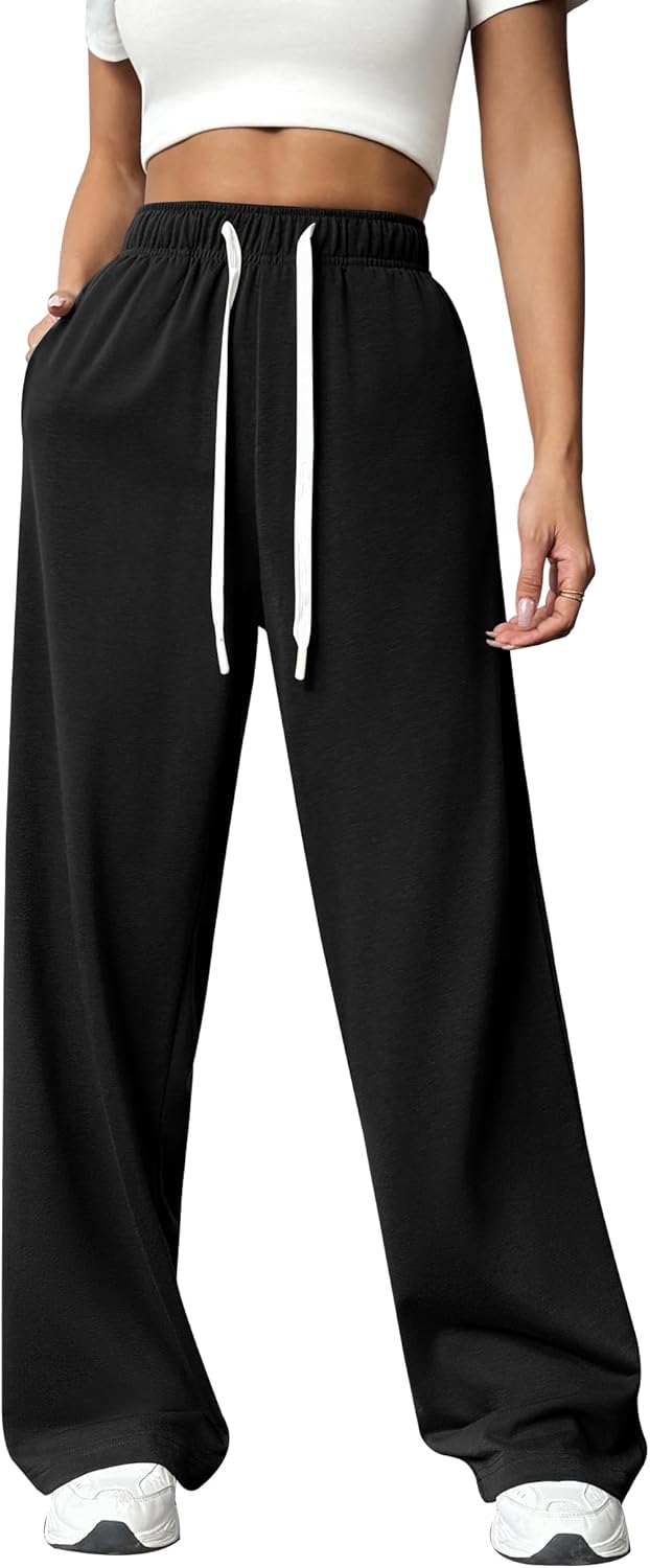 Wide Leg Sweat Pants for Womens High Waisted Baggy Sweatpants Casual Drawstring Workout Pants with Pockets