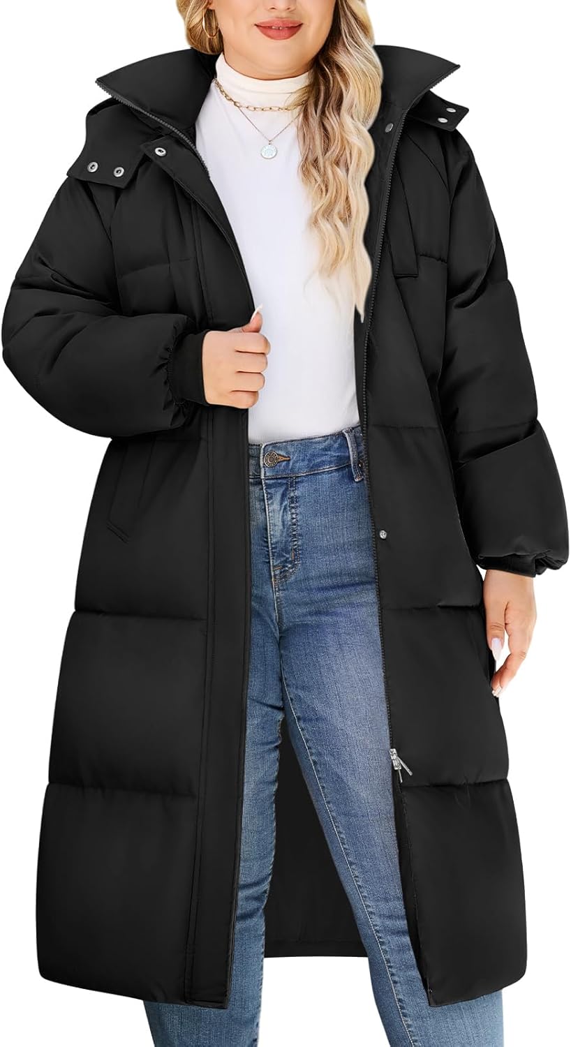 Womens Plus Size Winter Coats Long Puffer Jackets Hooded Quilted Water Repellent Warm Trendy Parka Outerwear