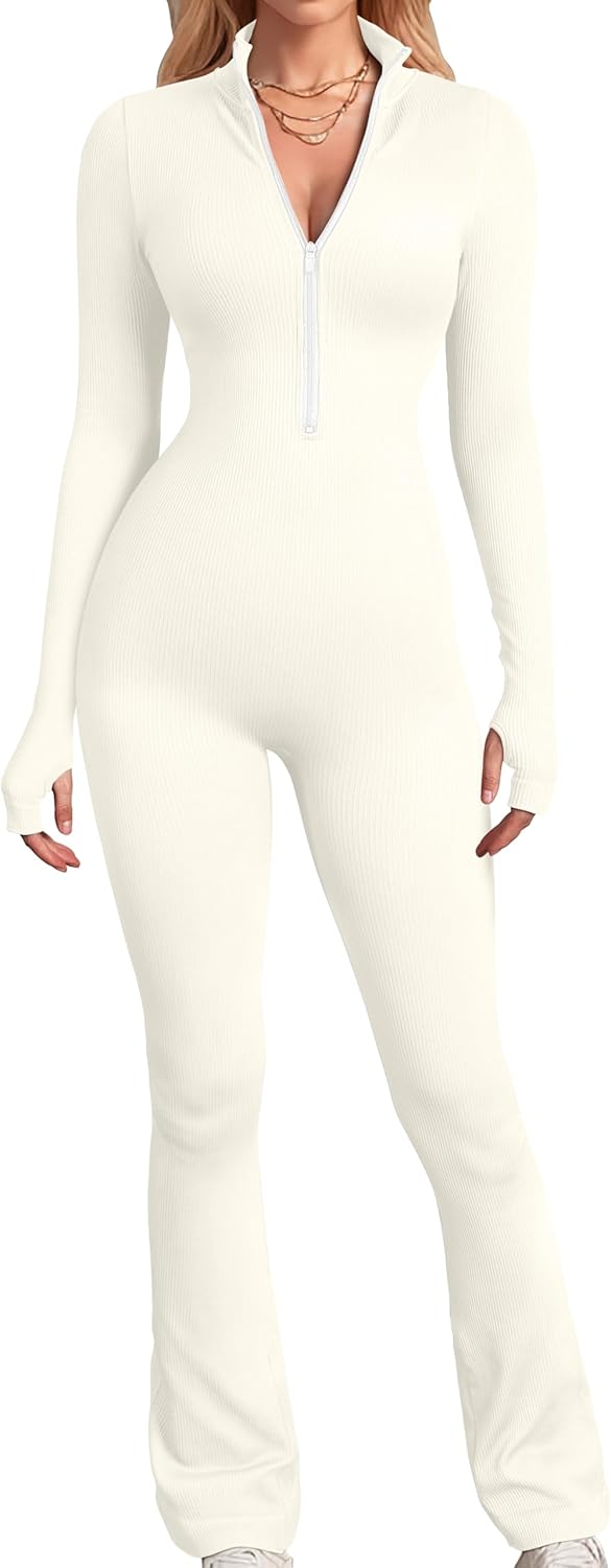 Women's Yoga Jumpsuits Ribbed Long Sleeve Zip Front Sport Bell Bottoms Flare Jumpsuits