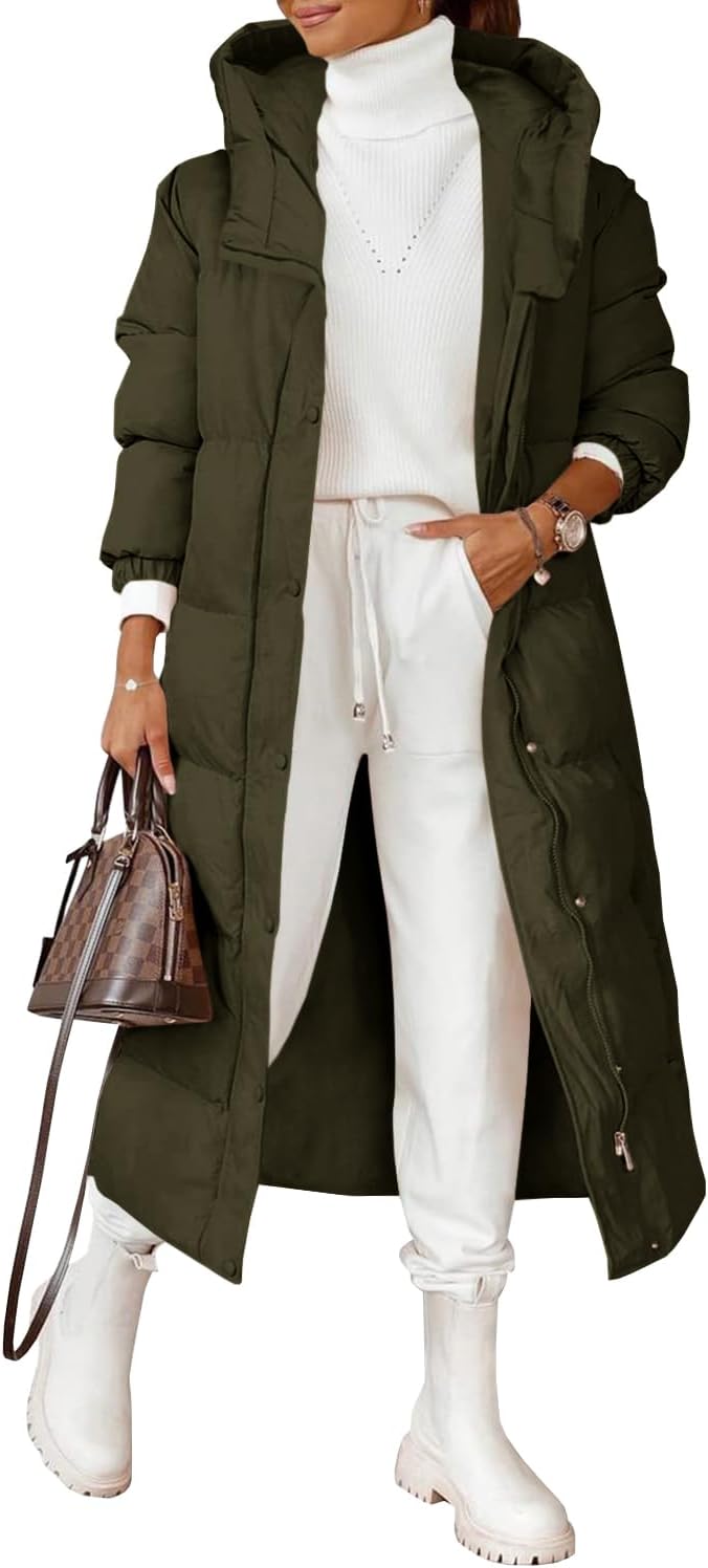 Women Long Quilted Coat Winter Hooded Long Sleeve Button Down Puffer Padded Jacket