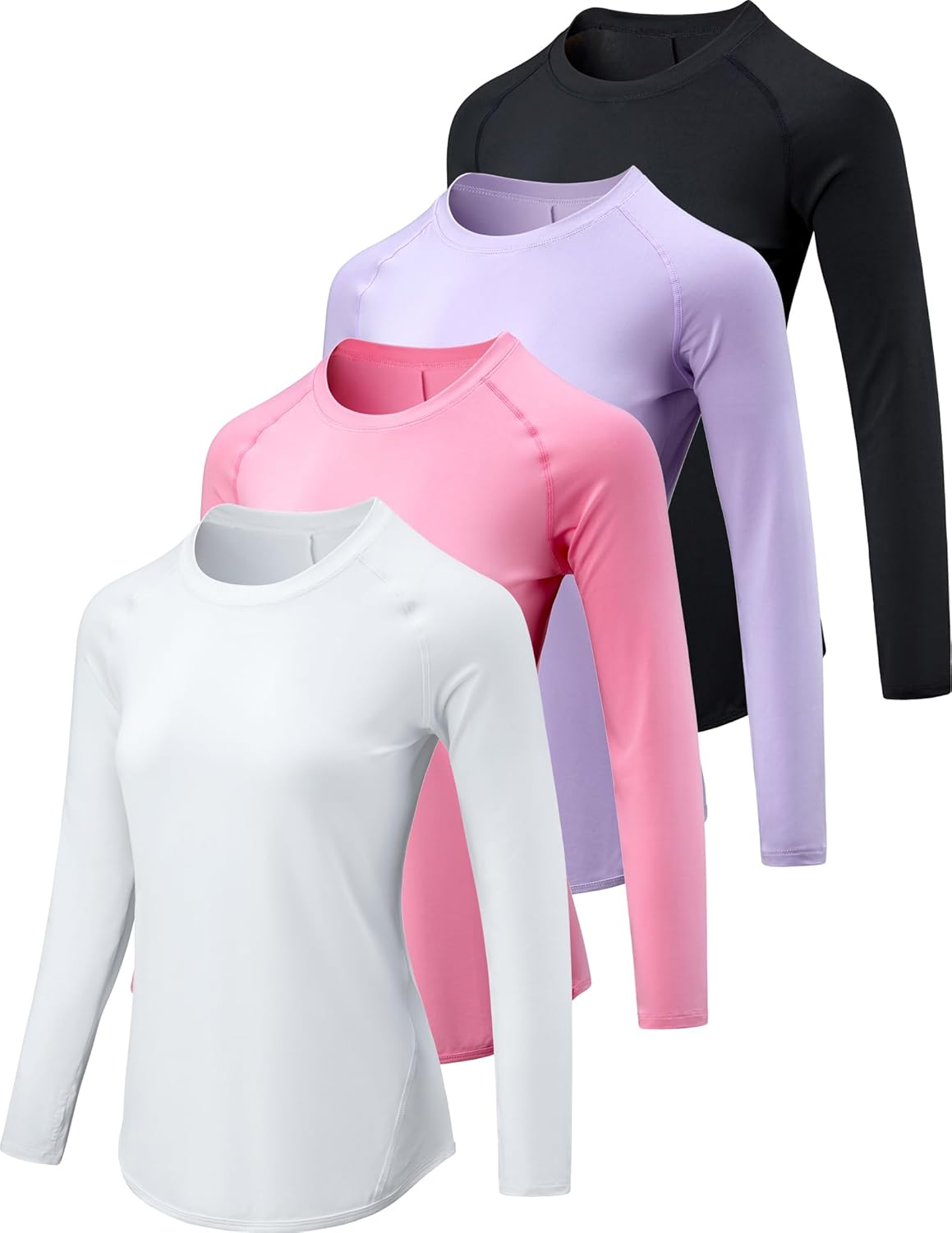 4-Pack: Womens Long Sleeve Athletic Tops with Thumb Holes – Dry Fit Active Crewneck Workout Tees