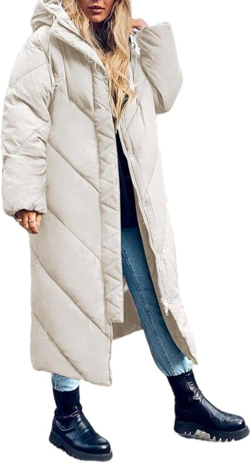 Womens Long Puffer Coat Long Sleeve Padded Winter Down Coats Hooded Parka Jacket