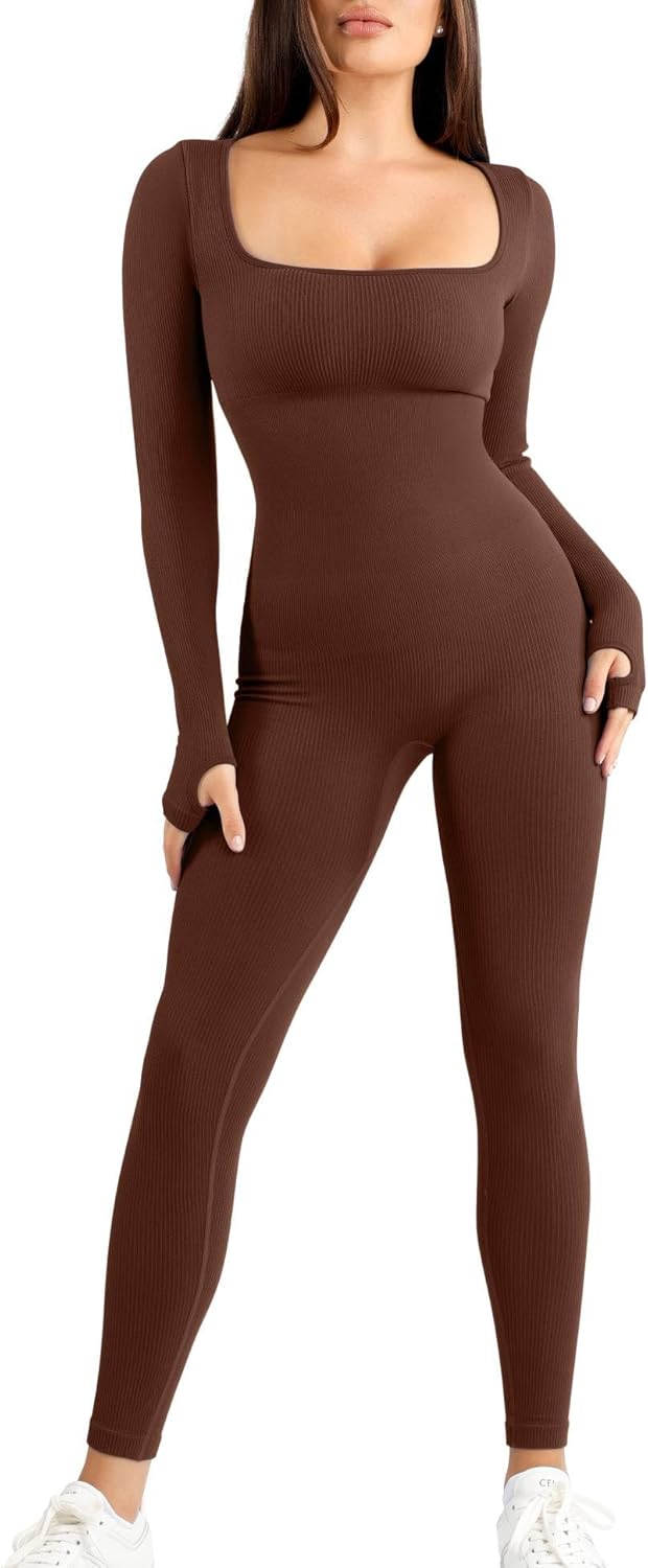 Jumpsuits for Women Long Sleeve Built-In Bra Square Neck Full Length Leggings Bodycon Stretch Workout Outfits