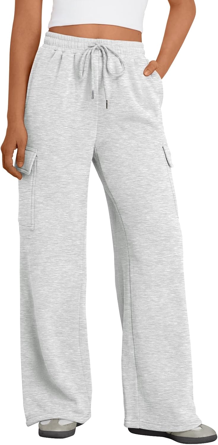 Womens Cargo Sweatpants Wide Leg High Waisted Baggy Drawstring Sweat Pants Fall Flared Pants with Pockets