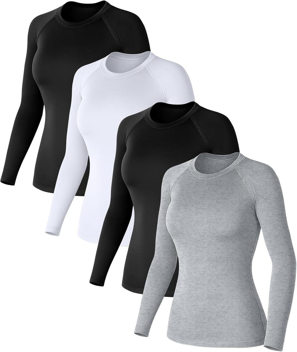 4 Pack Women's Compression Long Sleeve Shirts Crew Neck Workout Tops Quick Dry Gym Running Athletic Sports Underscrubs