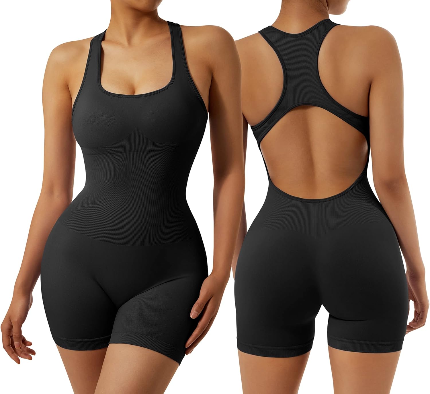 Women's Sexy Sleeveless Yoga Jumpsuits Shorts Bodysuit One Piece Deep Scoop Neck Backless Bodycon Jumpsuits