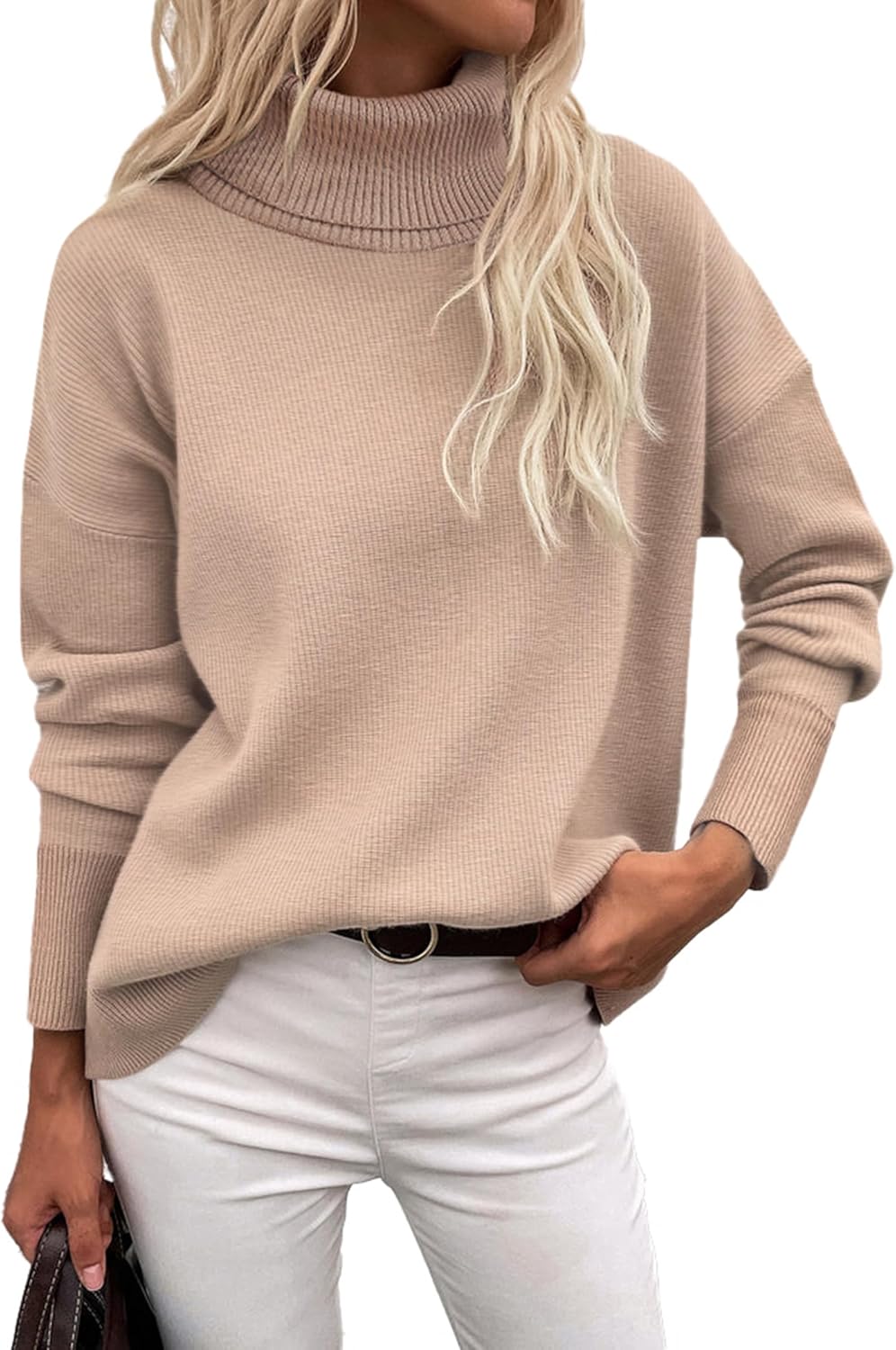 Women's Turtleneck Sweater  Fall Winter Chunky Knitted Pullover High Low Hem Trendy Basic Jumper Top