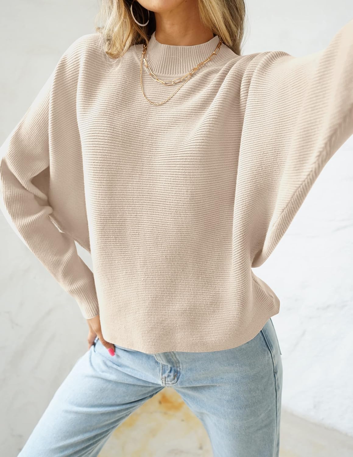 Women's Fall Turtleneck Batwing Long Sleeve Ribbed Knit Casual Soft Pullover Sweater Jumper Top